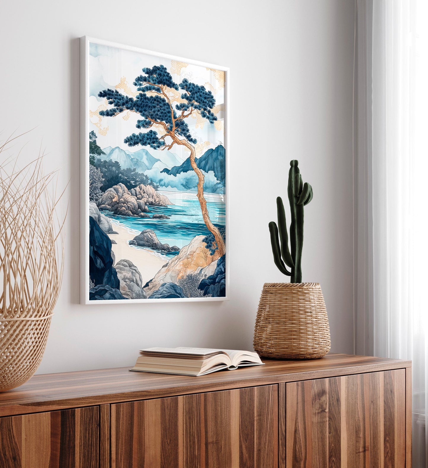 Japandi Coastal Art Print: Japanese Beach Landscape Painting