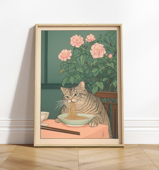 Tabby Cat Eating Noodles: Ukiyo-e Art Print, Japanese Kitchen Poster
