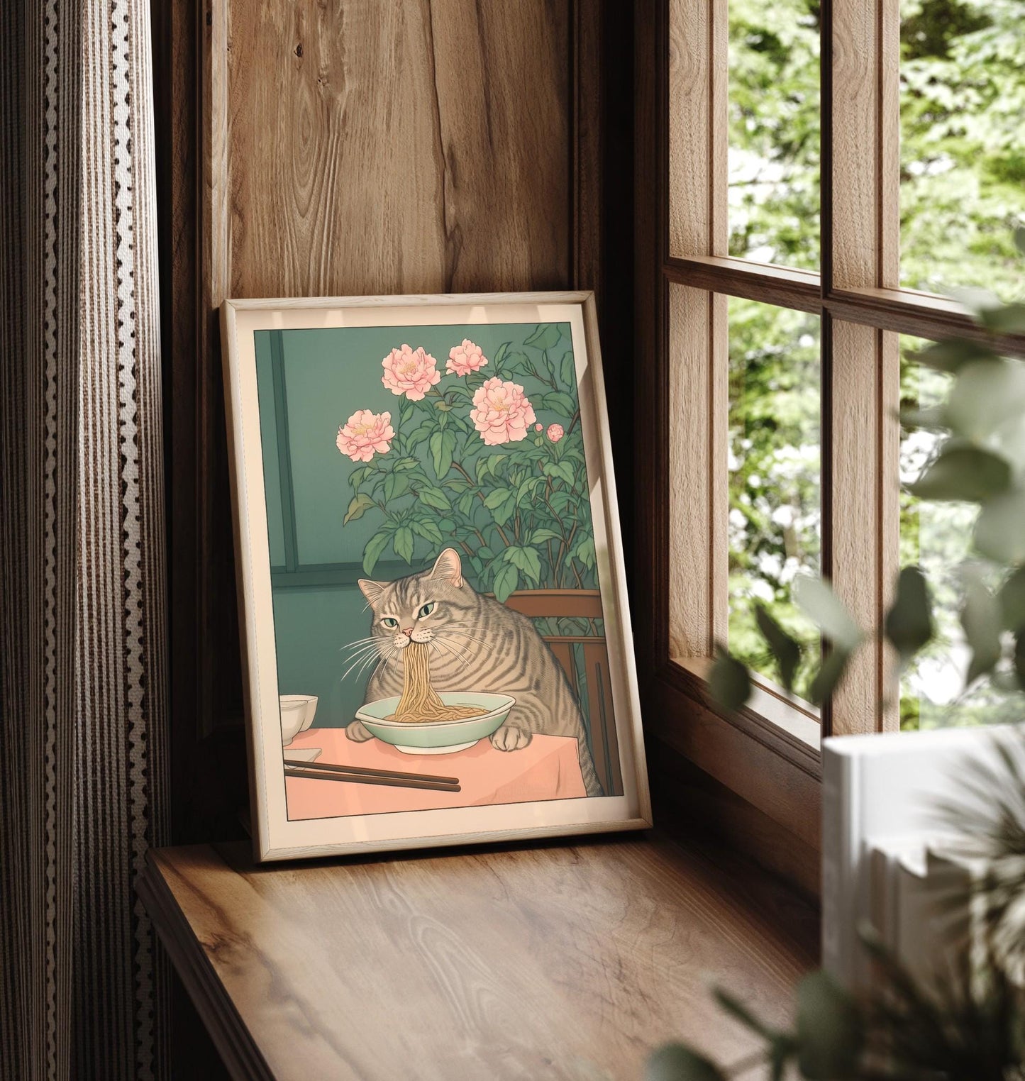 Tabby Cat Eating Noodles: Ukiyo-e Art Print, Japanese Kitchen Poster