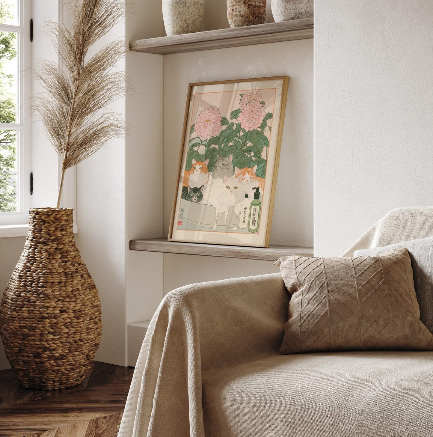 Ukiyo-e Cats Print: Japanese Bathroom Art, Minimalist Decor