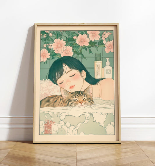 Ukiyo-e Woman and Tabby Cat Art: Japanese Bathroom Print