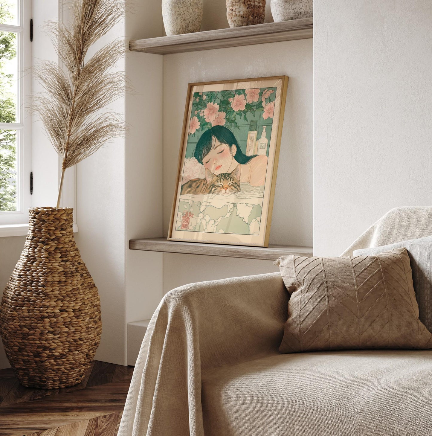 Ukiyo-e Woman and Tabby Cat Art: Japanese Bathroom Print