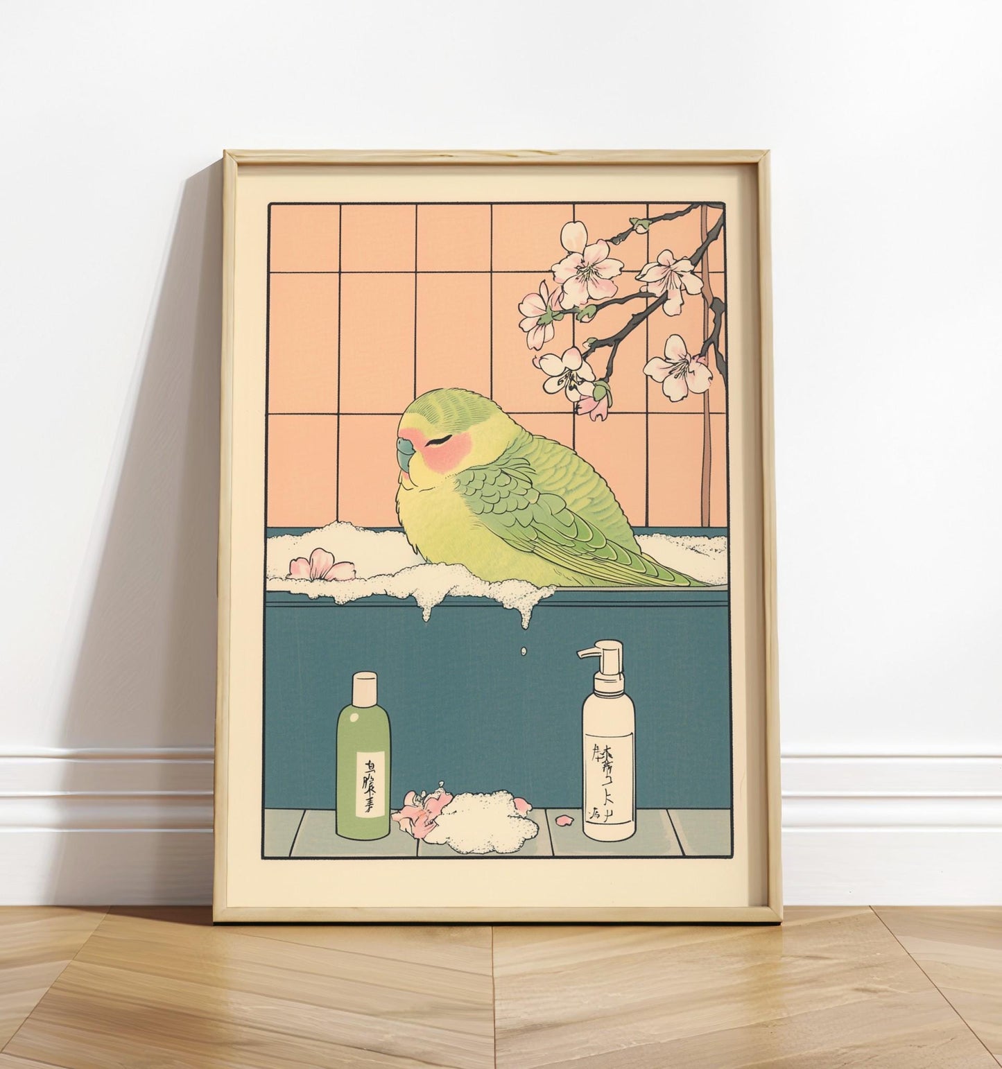 Parakeet in Bathtub Ukiyo-e Print: Funny Bird, Japandi Art