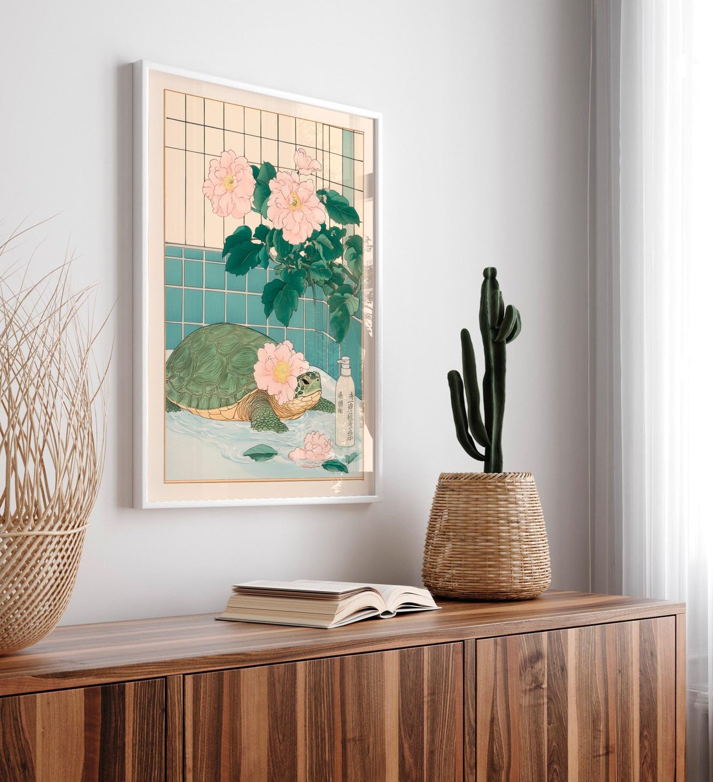 Sea Turtle Bathroom Print: Japanese Ukiyo-e Style Floral Art
