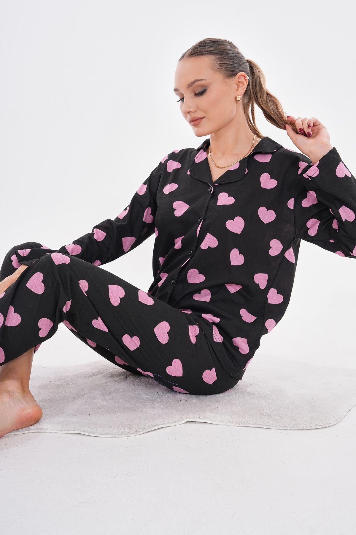 Women's Pink Heart Pajama Set – Romantic Women Pajama Button-Up Sleepwear, Cozy Loungewear with Elastic Waist for Relaxing Nights