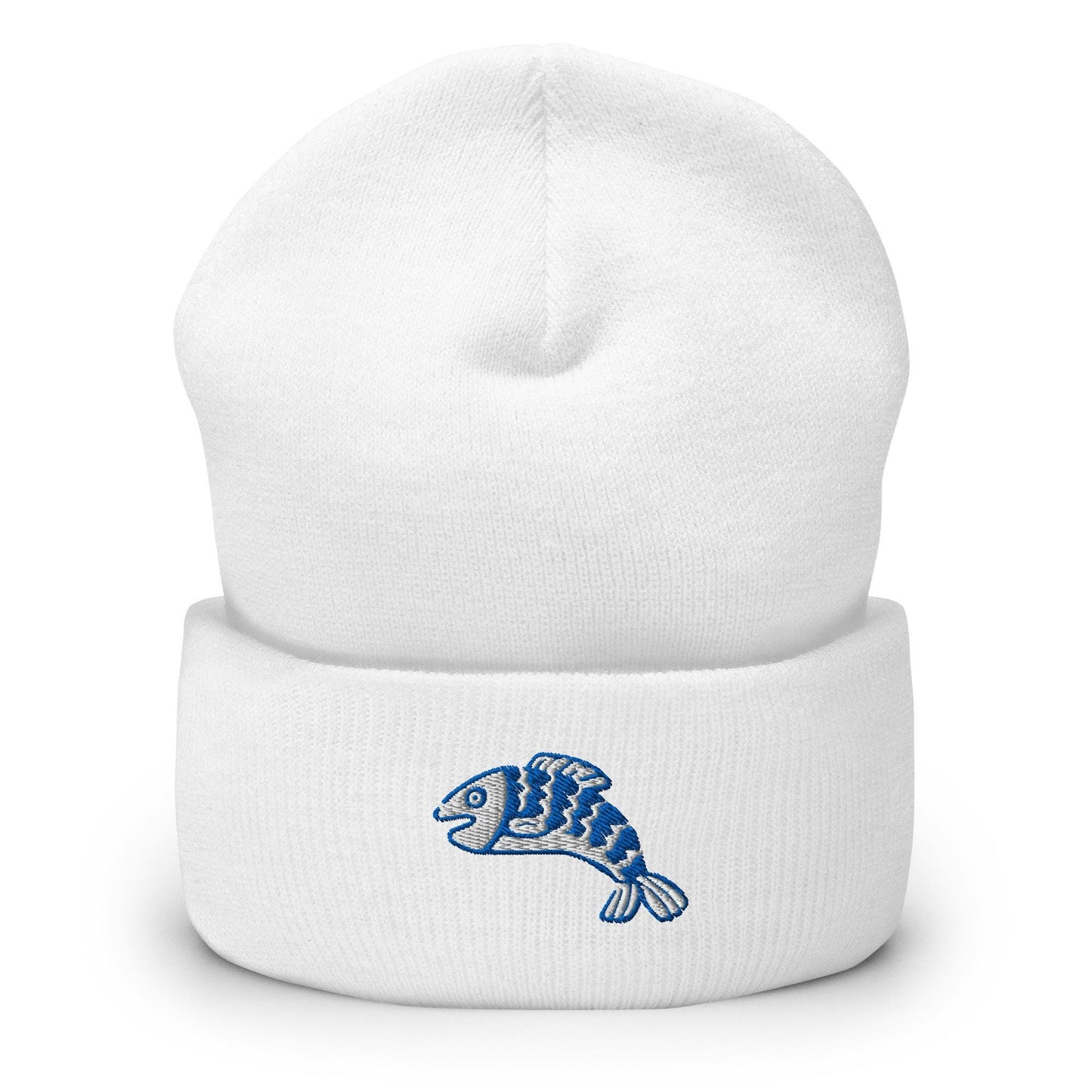 Linocut Fish Beanie, Handmade Cuffed Knit Unisex Slouchy Adult Winter Hat Cap Gift, Kawaii