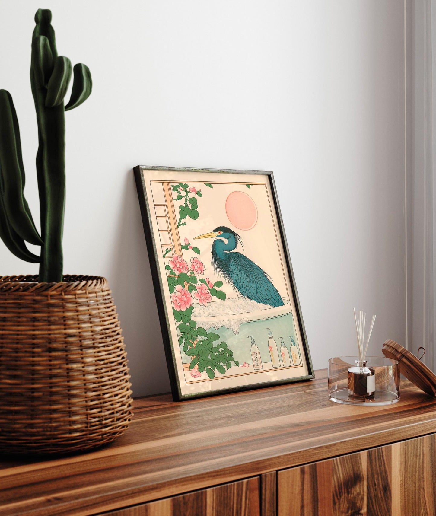 Ukiyo-e Heron in Bathtub Print: Japanese Bird Art, Minimalist Home Decor
