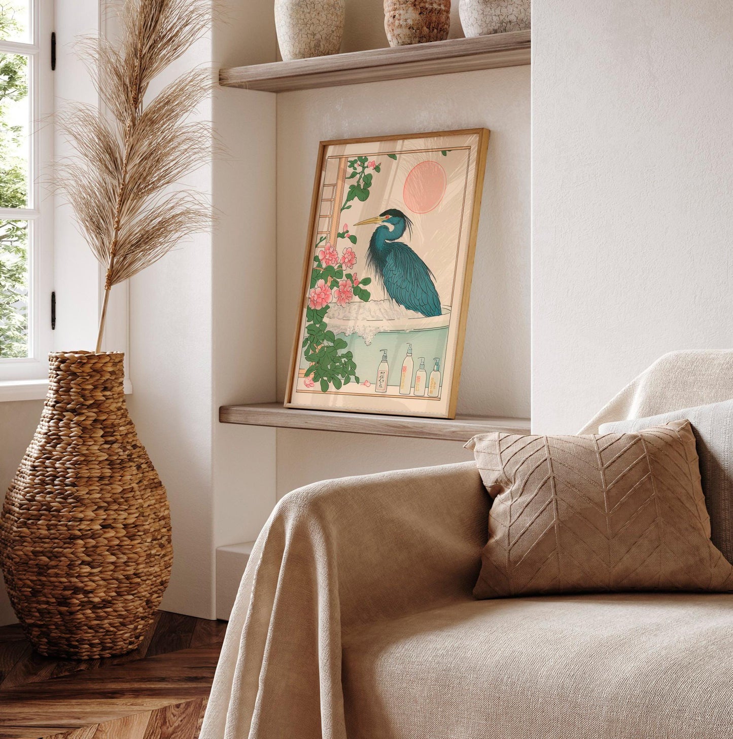 Ukiyo-e Heron in Bathtub Print: Japanese Bird Art, Minimalist Home Decor
