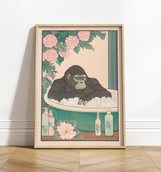 Gorilla in Bathtub Art Print: Funny Japandi Bathroom Wall Decor