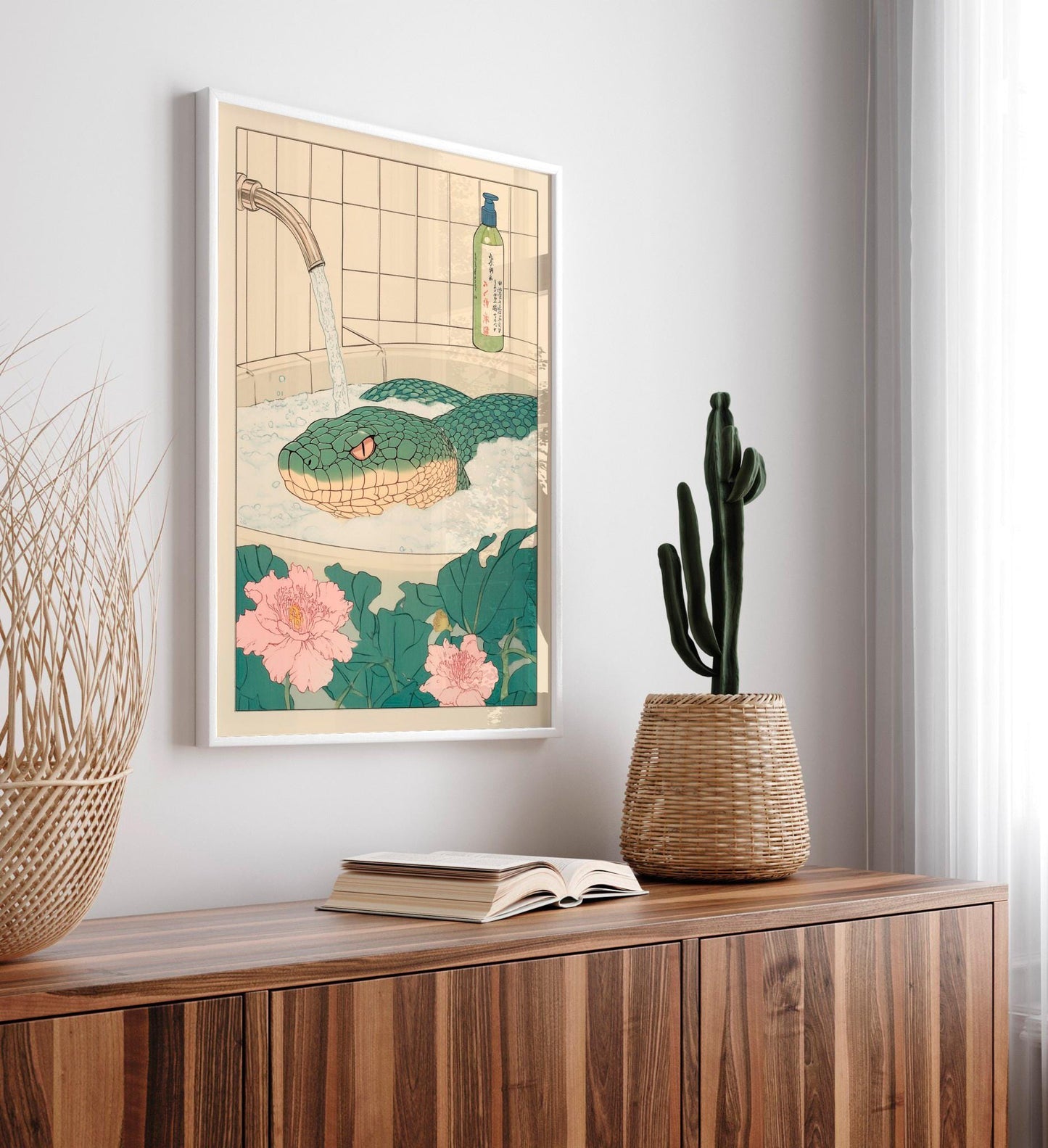 Ukiyo-e Snake Print: Green Serpent in Bathtub, Japanese Bathroom Art