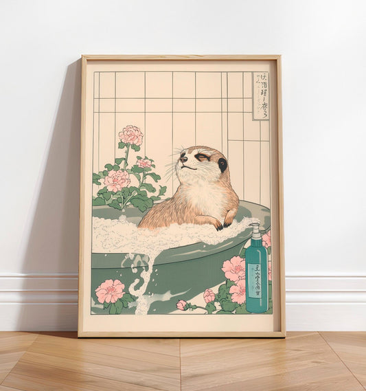 Meerkat in Bathtub Print: Funny Ukiyo-e Japanese Bathroom Art