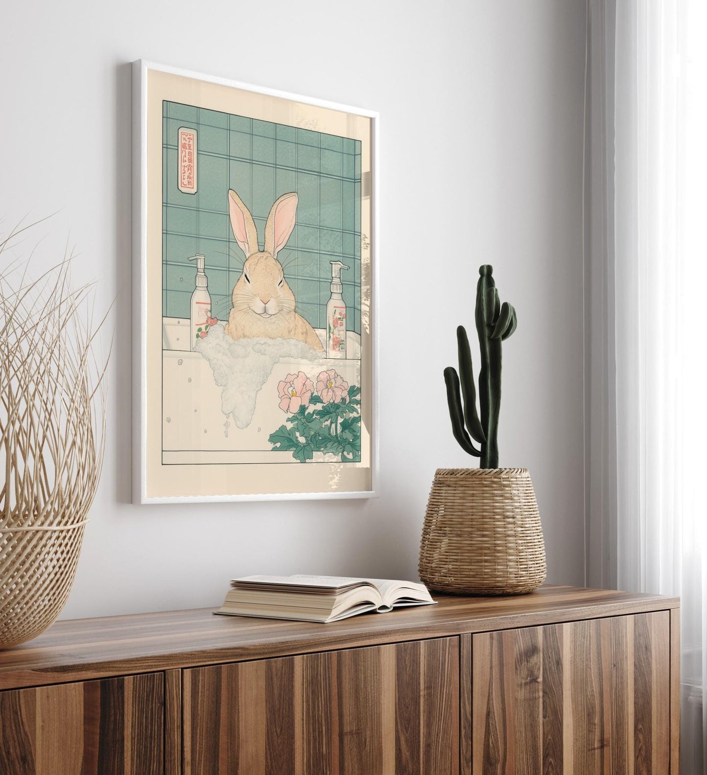 Ukiyo-e Bunny Print: Funny Rabbit in Bathtub, Japanese Art