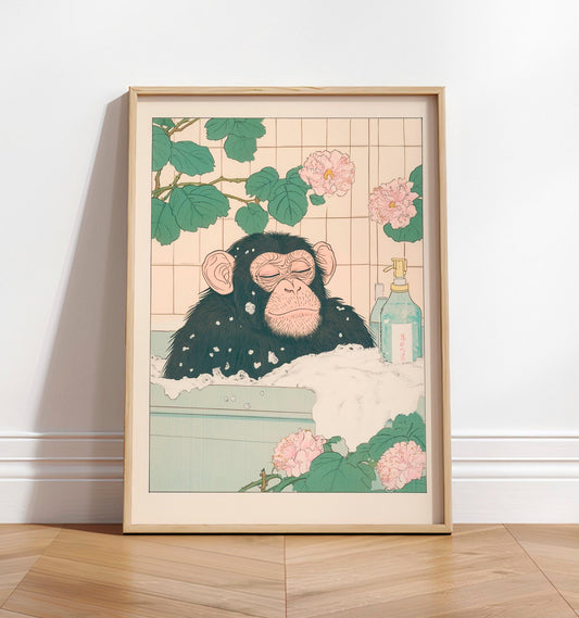 Funny Monkey Bathroom Print: Ukiyo-e Style Animal Art Poster