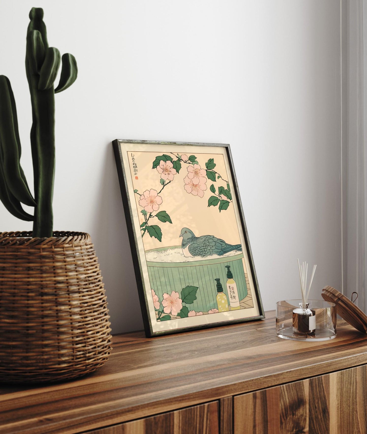 Pigeon in Bathtub Art Print: Japanese Bird Wall Art