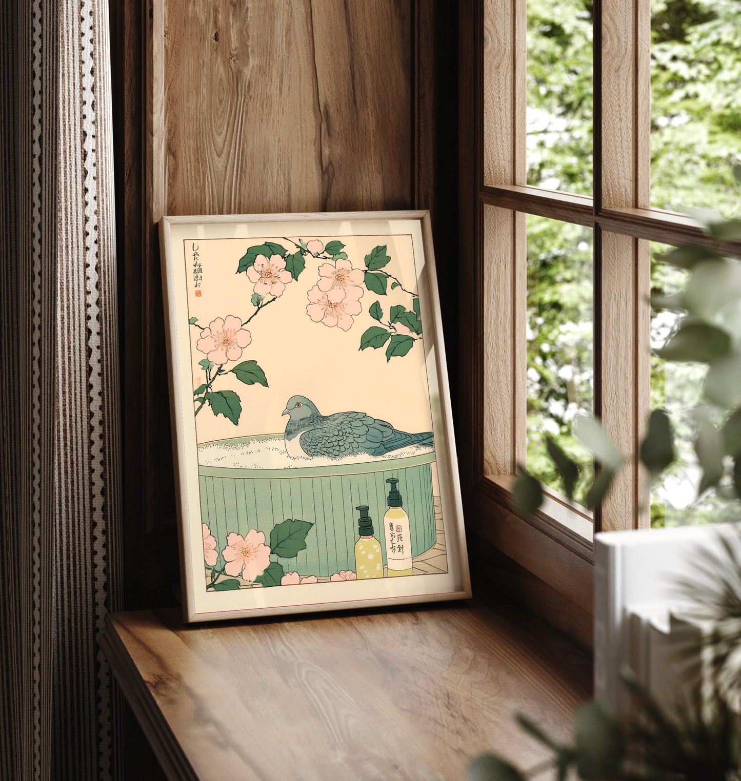 Pigeon in Bathtub Art Print: Japanese Bird Wall Art