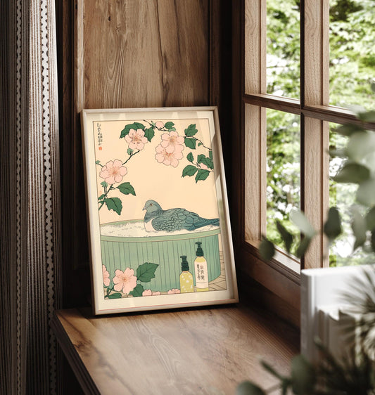 Pigeon in Bathtub Art Print: Japanese Bird Wall Art