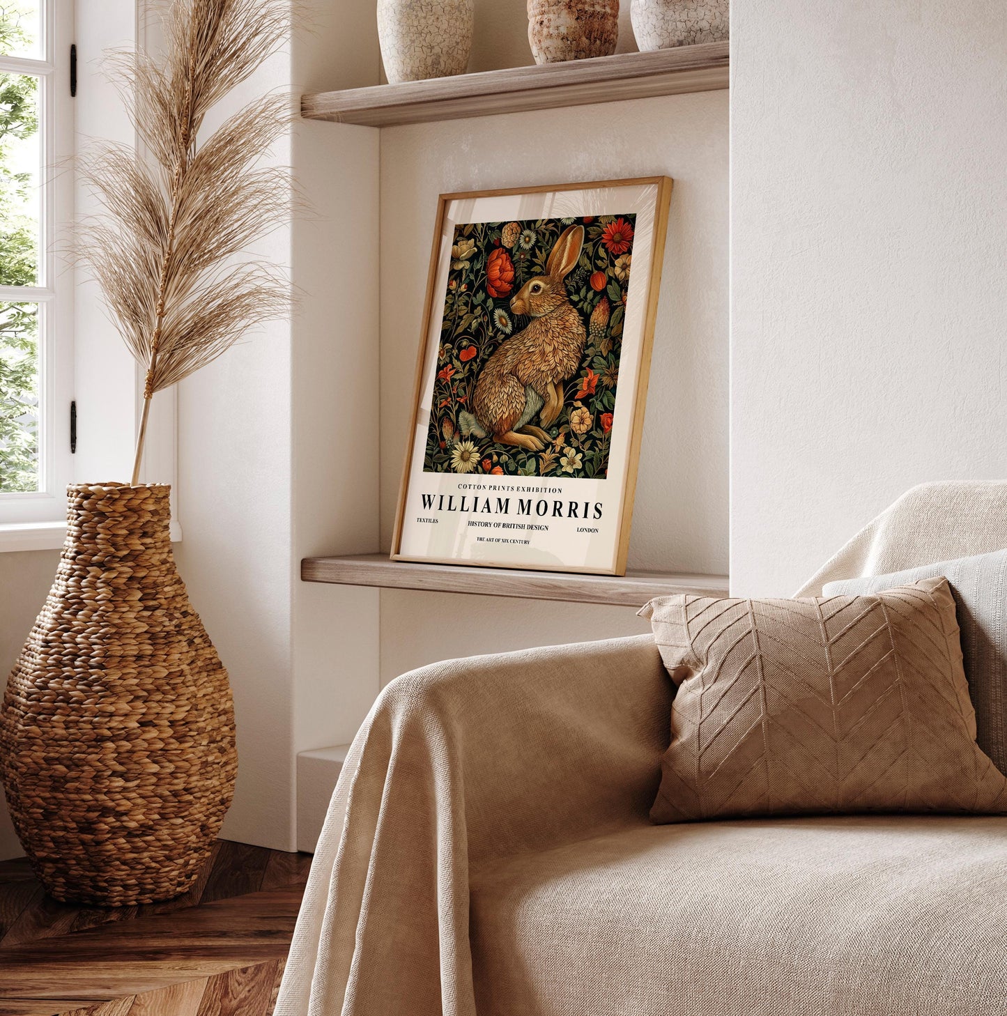 Rabbit Art Print: William Morris Style Dark Botanical Wall Decor