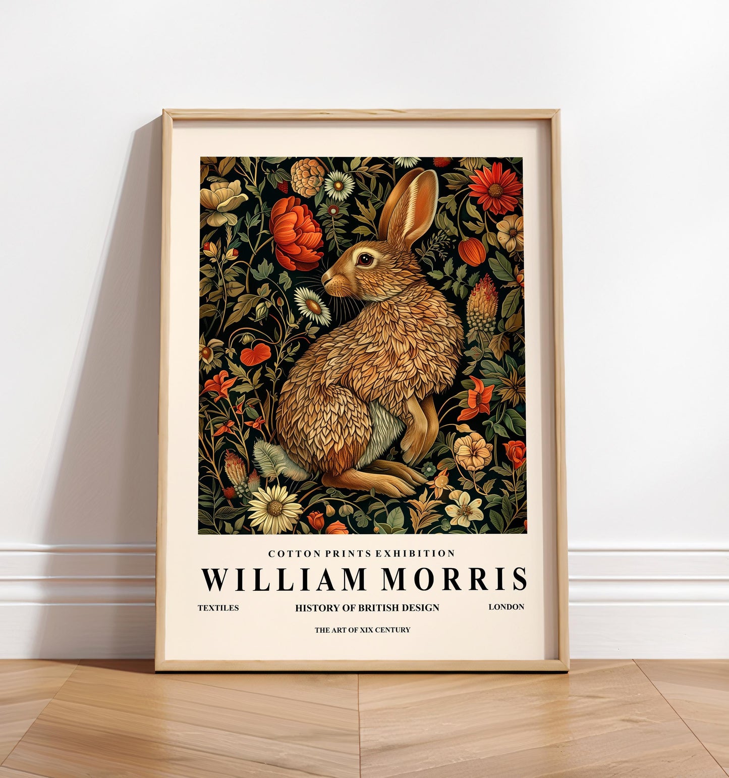 Rabbit Art Print: William Morris Style Dark Botanical Wall Decor