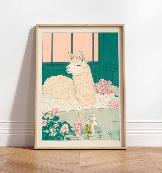 Llama Bathroom Print: Funny Japandi Ukiyo-e Animal Art