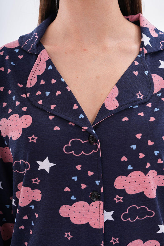 Women's Pink Cloud Pajama Set – Cozy Button-Up Sleepwear with Star & Heart Print, Comfortable Loungewear for Relaxing Nights - Pajama Set