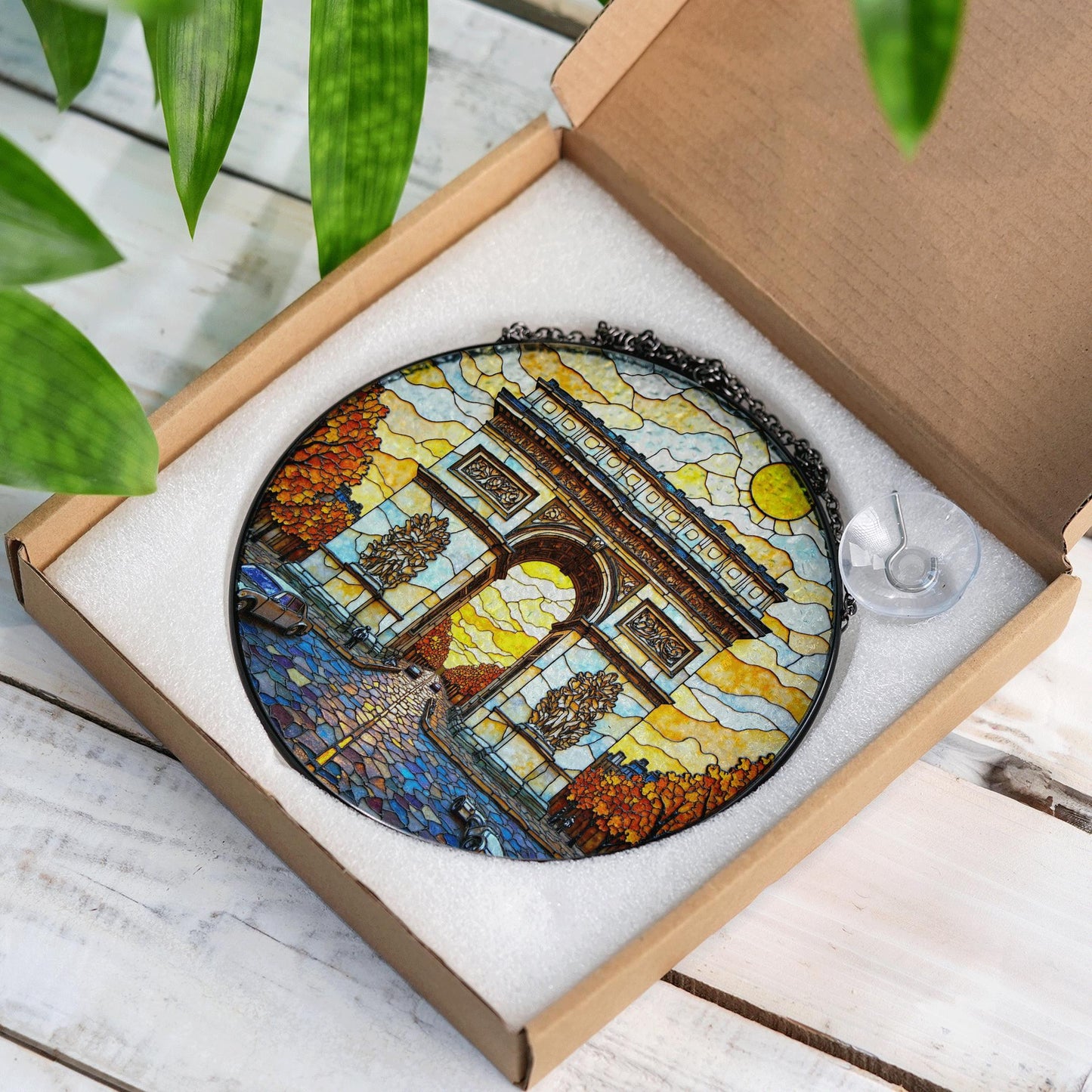 Stained Glass Arc de Triomphe Suncatcher Handmade Window Decor Paris Artwork Gift for Home Lovers