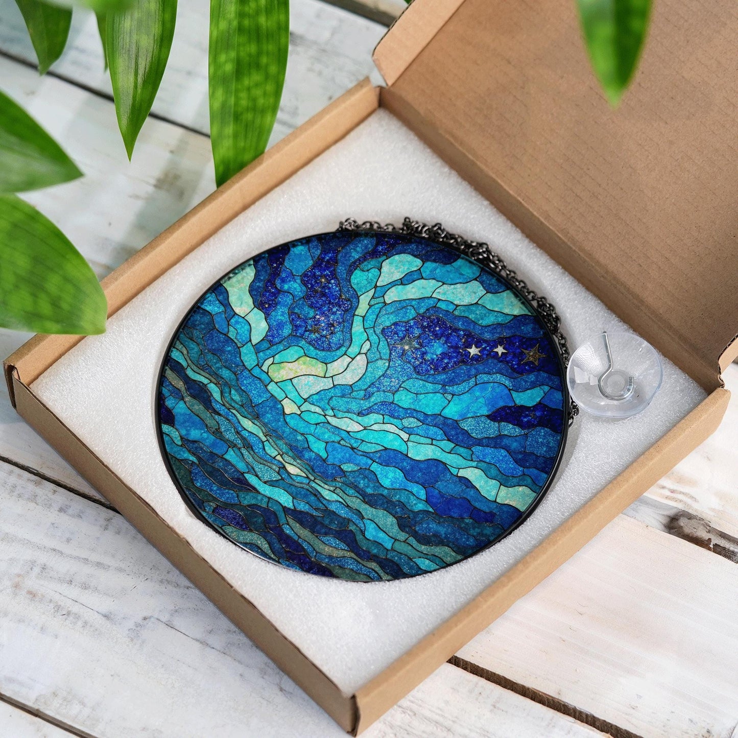 Stained Glass Suncatcher Blue Waves Ocean Gift for Nature Lovers Home Decor