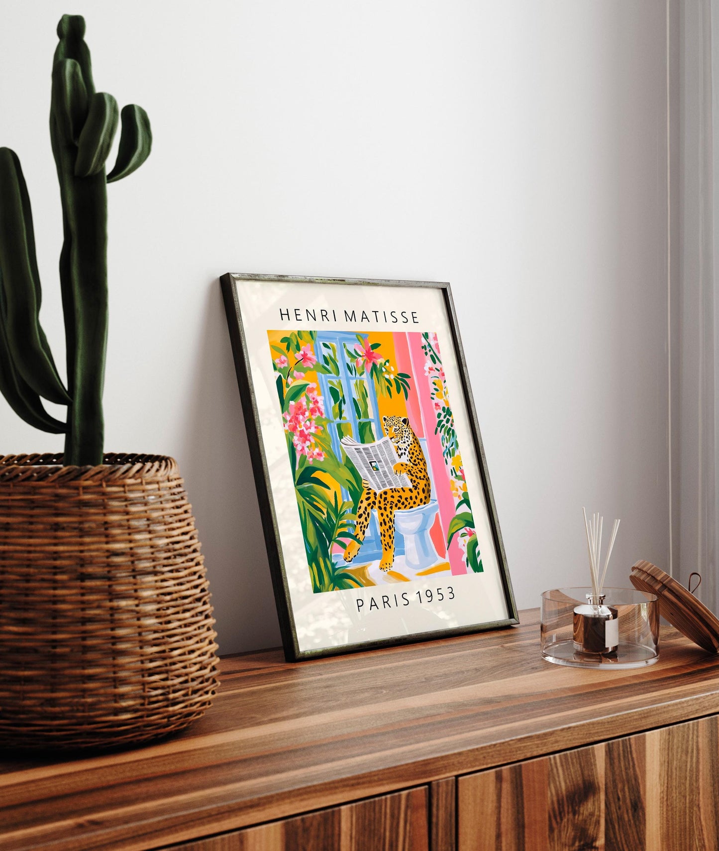 Funny Leopard Bathroom Art Print: Matisse Style Floral Decor