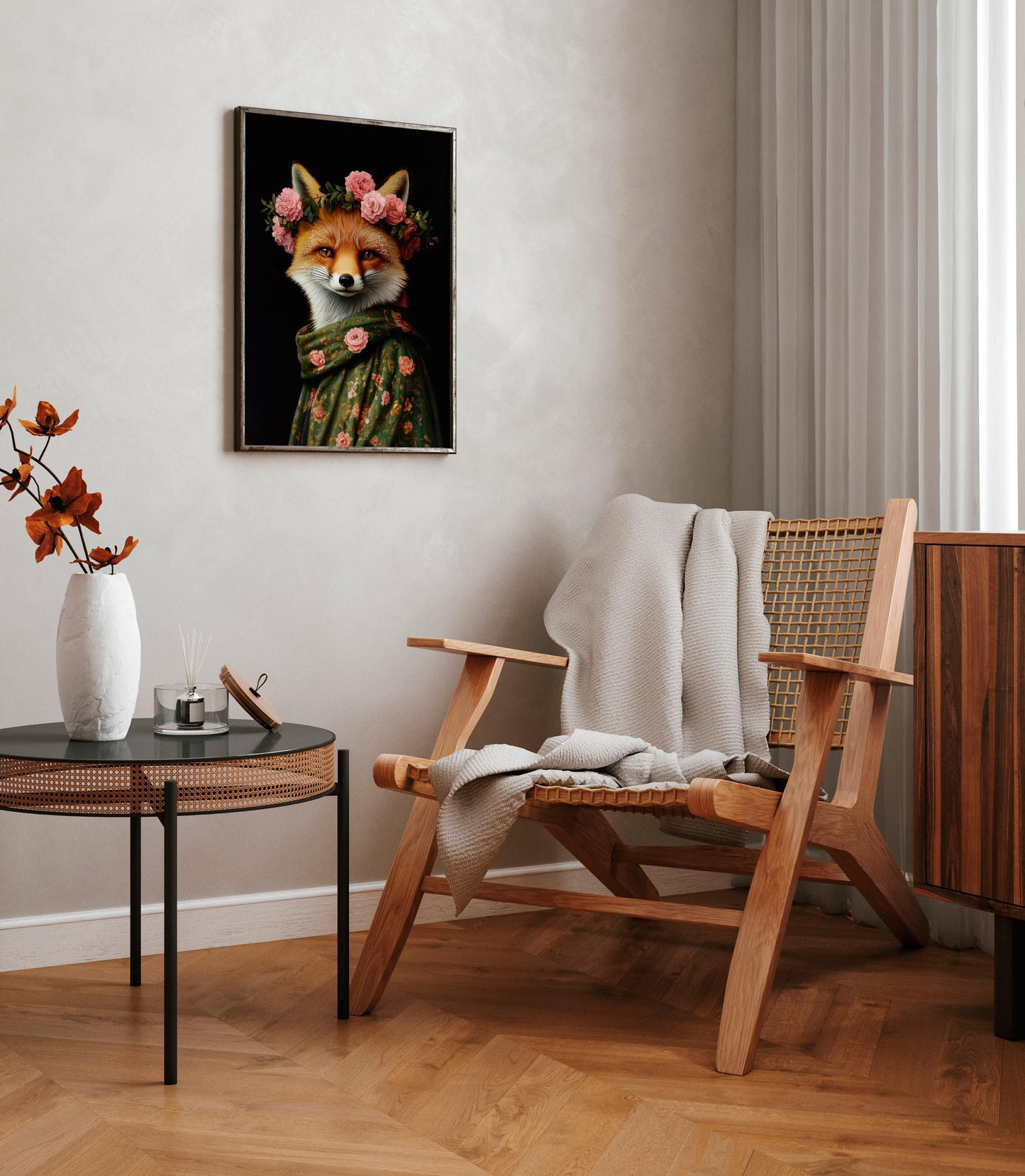 Botanical Fox Portrait Print: Dark Floral Animal Art