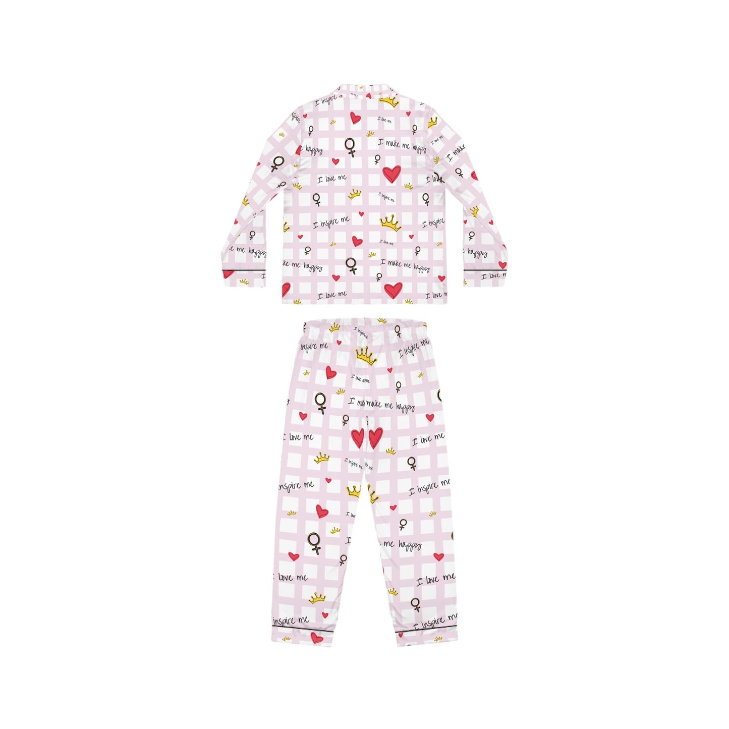 Cozy Hearts & Crowns Satin Pajamas - Women's Sleepwear Set, Cute Printed PJ's, Gift for Her, Lounge Wear, Nightwear