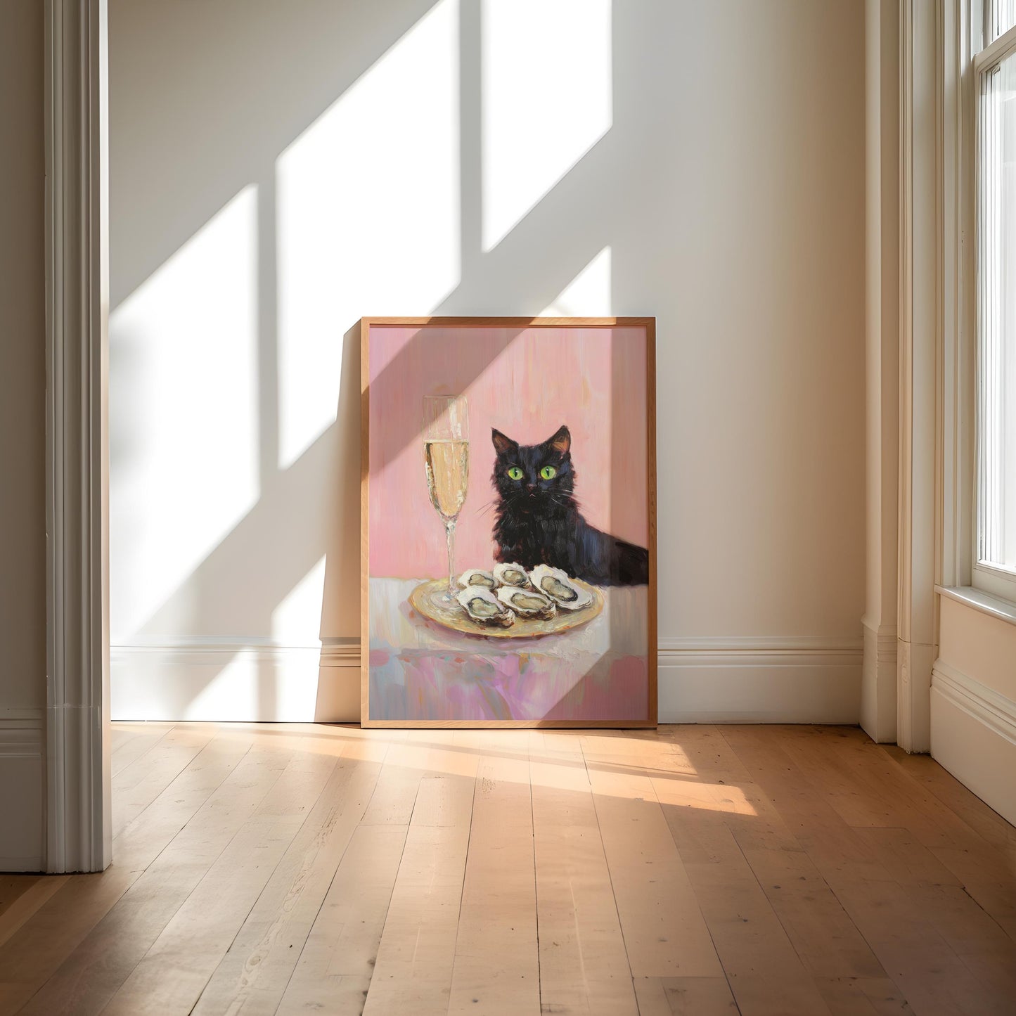 Black Cat with Champagne and Oysters Art Print | Cute Quirky Whimsical | Cocktail Art Bar Cart Decor | Fine Art Print Gift | Funny Cat Art