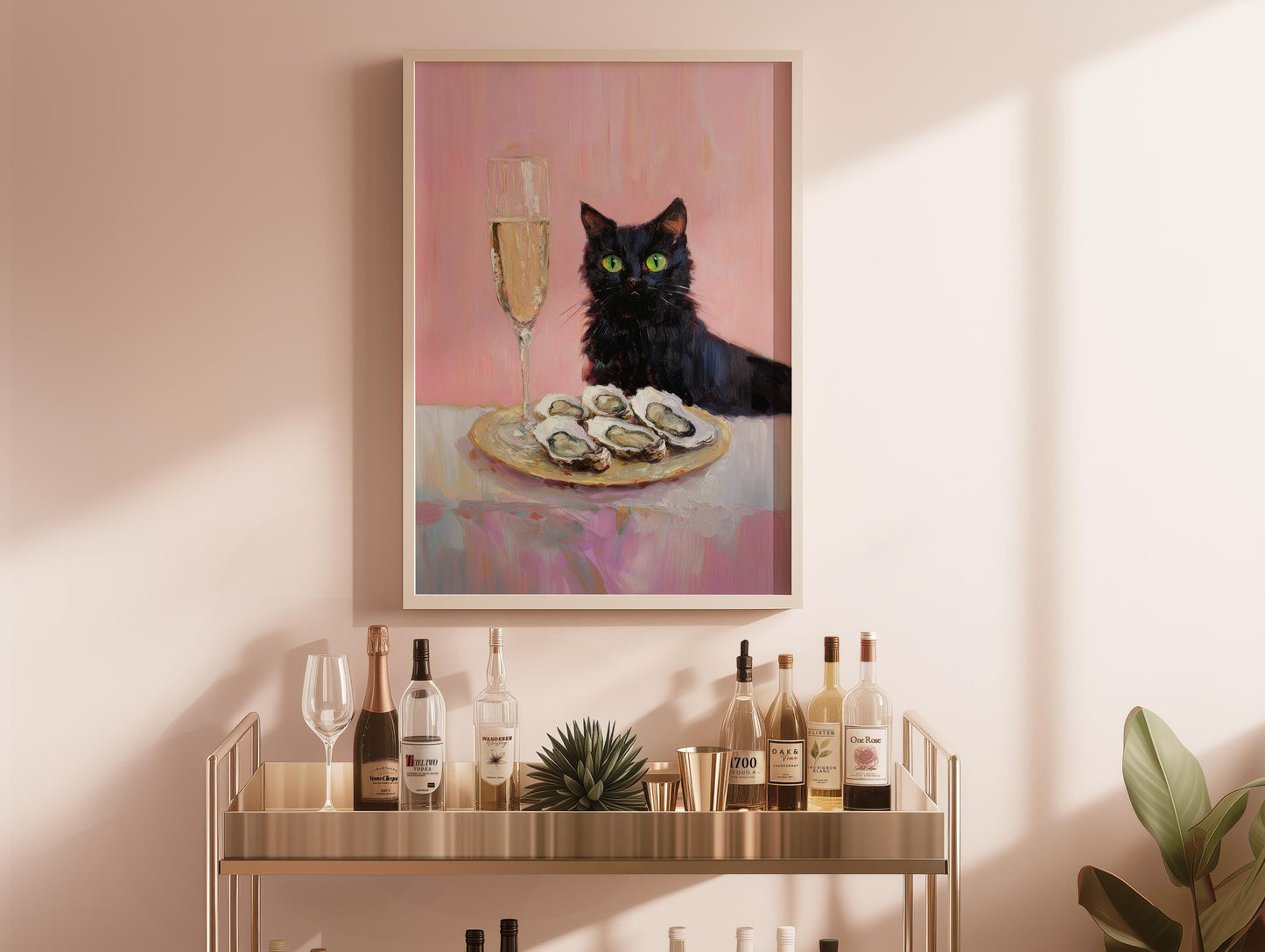 Black Cat with Champagne and Oysters Art Print | Cute Quirky Whimsical | Cocktail Art Bar Cart Decor | Fine Art Print Gift | Funny Cat Art