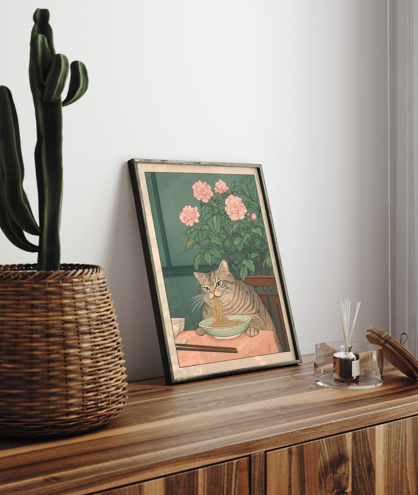 Tabby Cat Eating Noodles: Ukiyo-e Art Print, Japanese Kitchen Poster