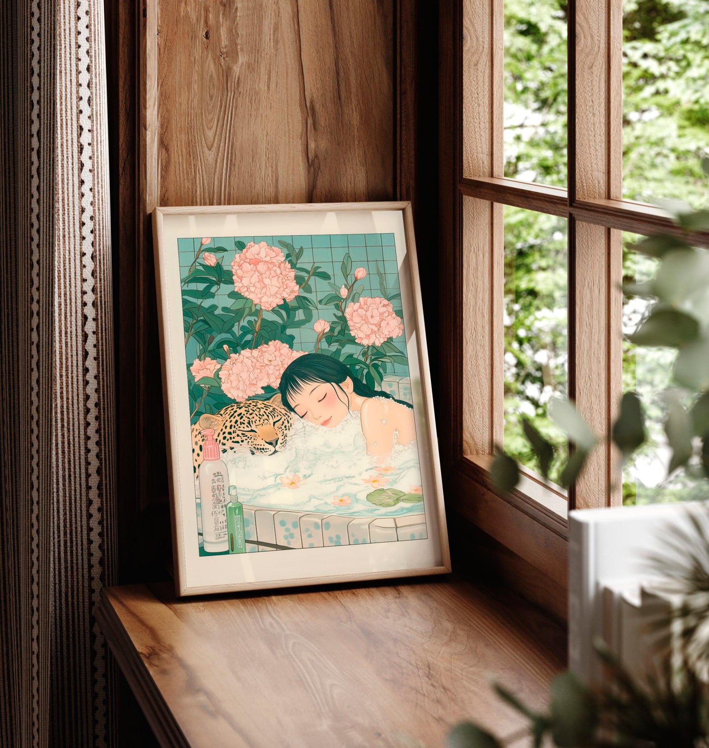 Ukiyo-e Leopard Bath Art Print: Japandi Bathroom Wall Decor