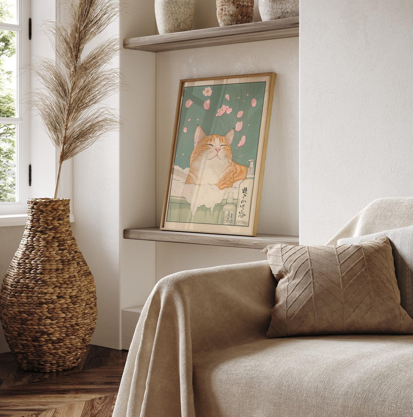Japanese Ginger Tabby Cat Bath Print: Ukiyo-e Style Wall Art