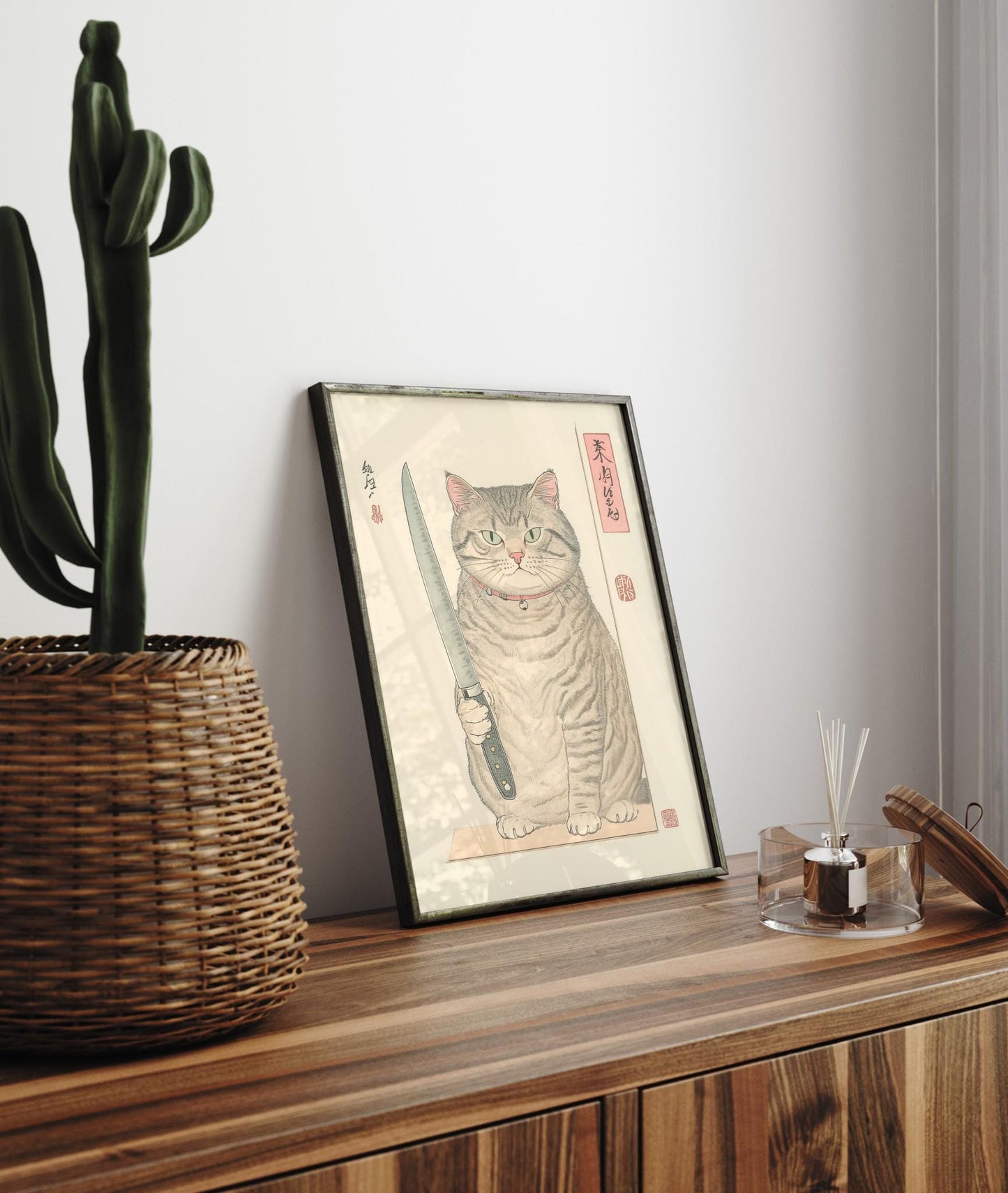 Japanese Cat Print: Funny Tabby Cat with Knife, Ukiyo-e Kitchen Art