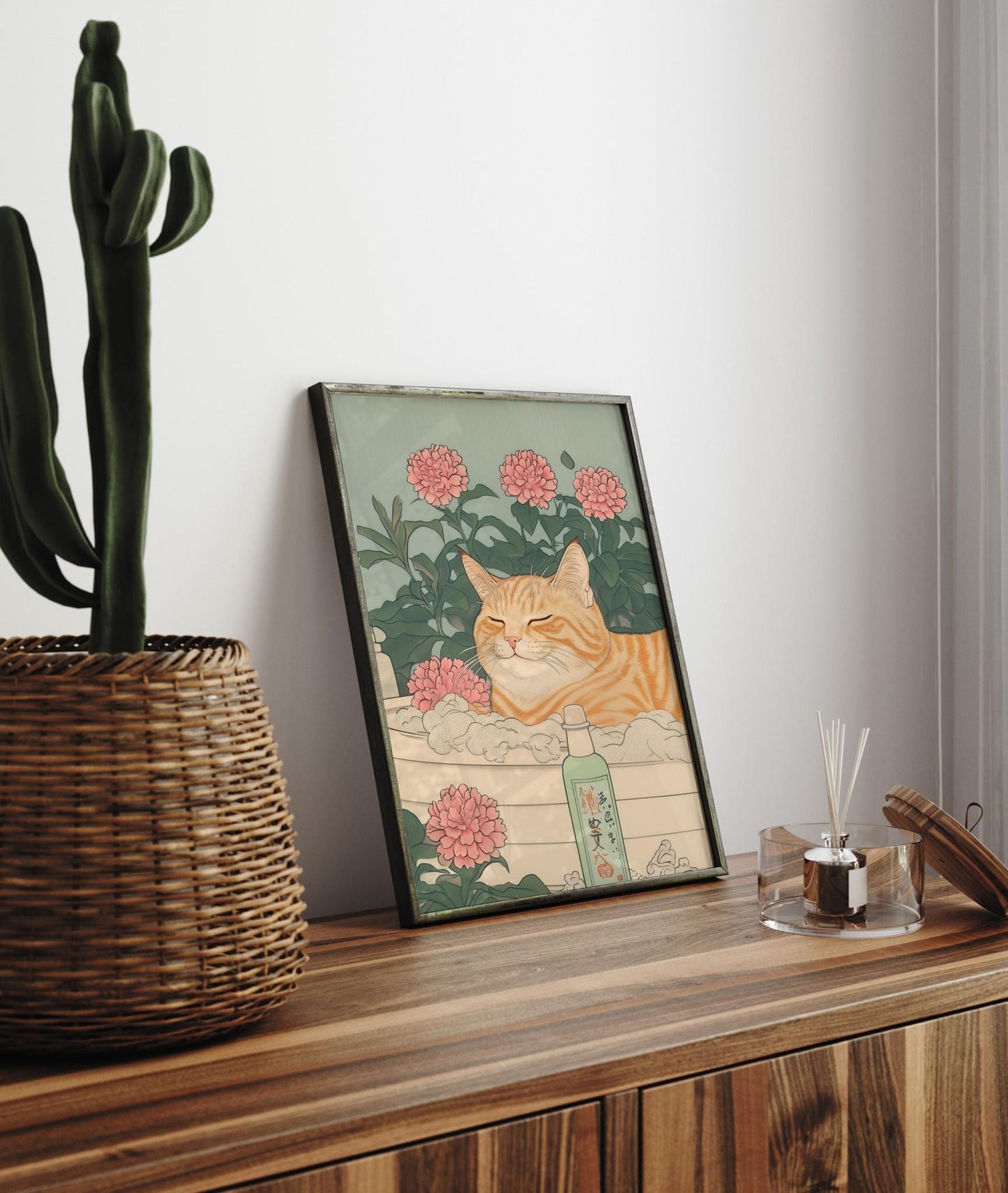 Japanese Cat Print: Ginger Tabby in Bathroom