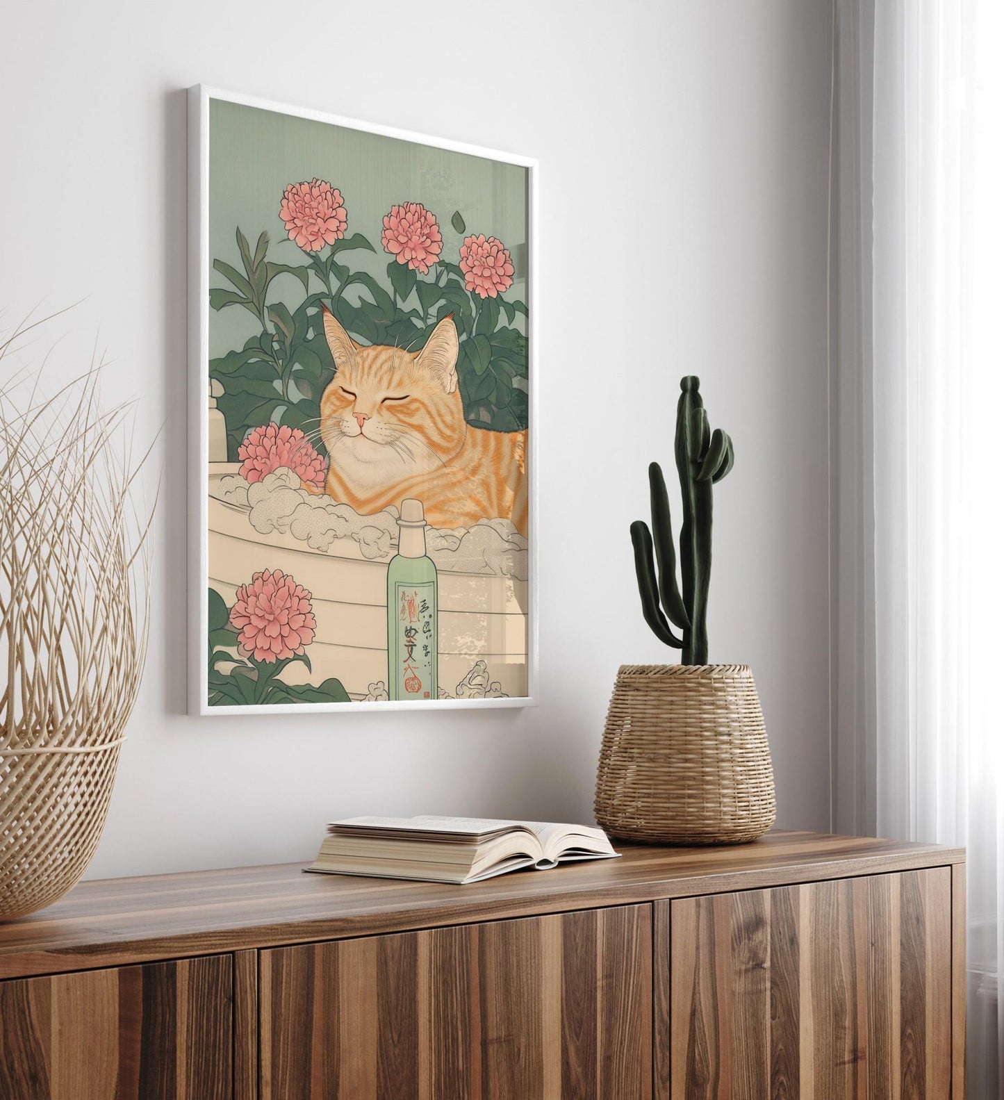 Japanese Cat Print: Ginger Tabby in Bathroom