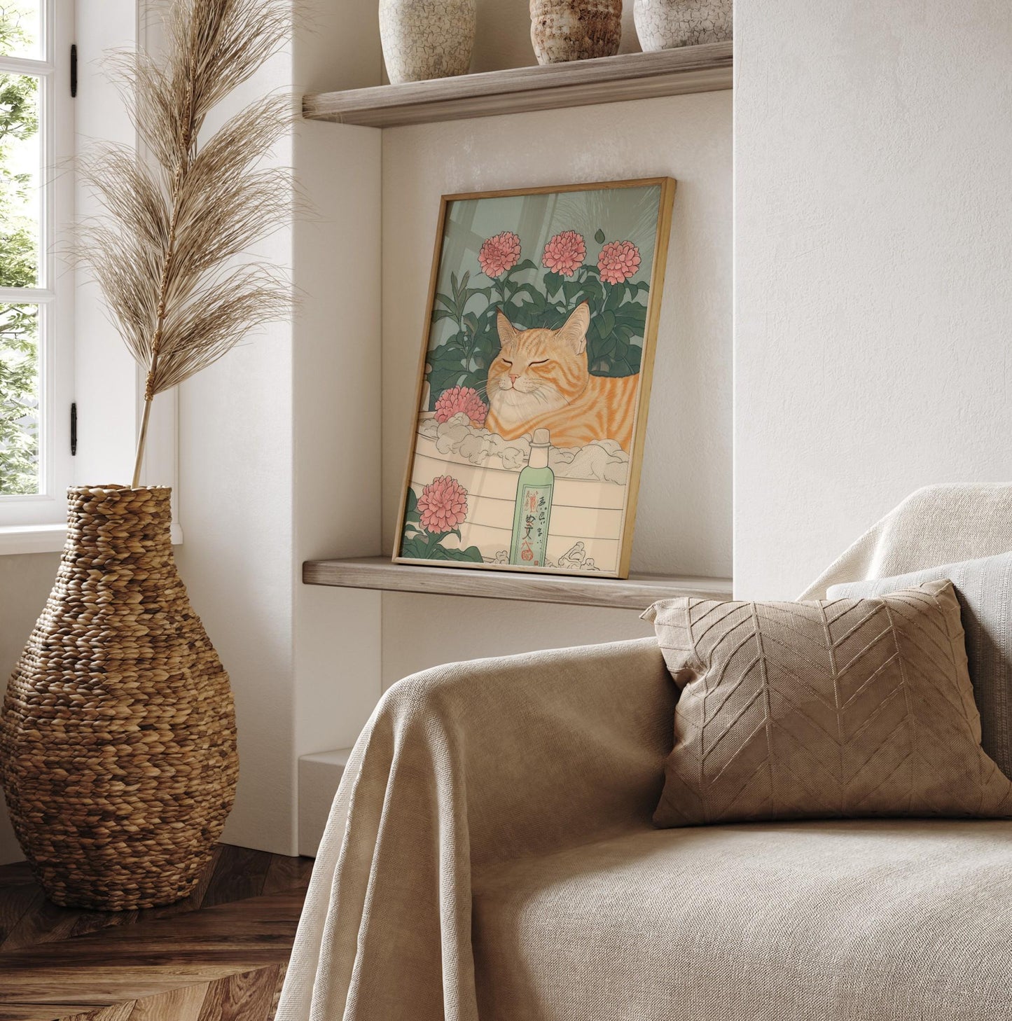 Japanese Cat Print: Ginger Tabby in Bathroom