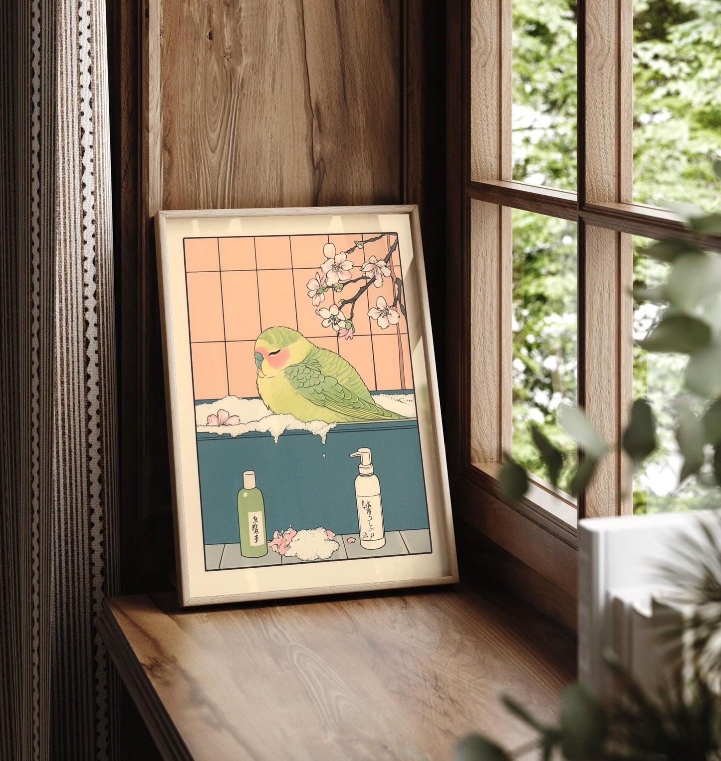 Parakeet in Bathtub Ukiyo-e Print: Funny Bird, Japandi Art