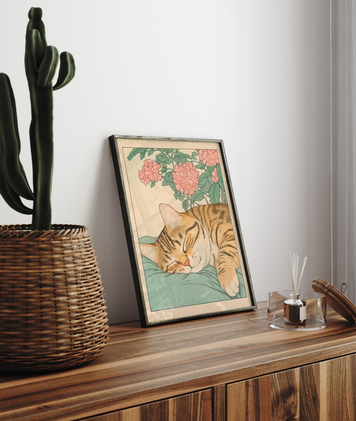Sleeping Tabby Cat Print: Japanese Ukiyo-e Wall Art