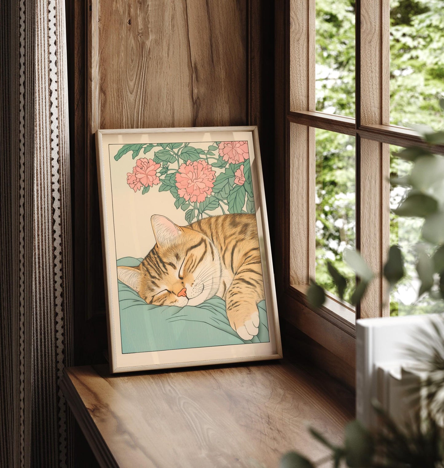 Sleeping Tabby Cat Print: Japanese Ukiyo-e Wall Art
