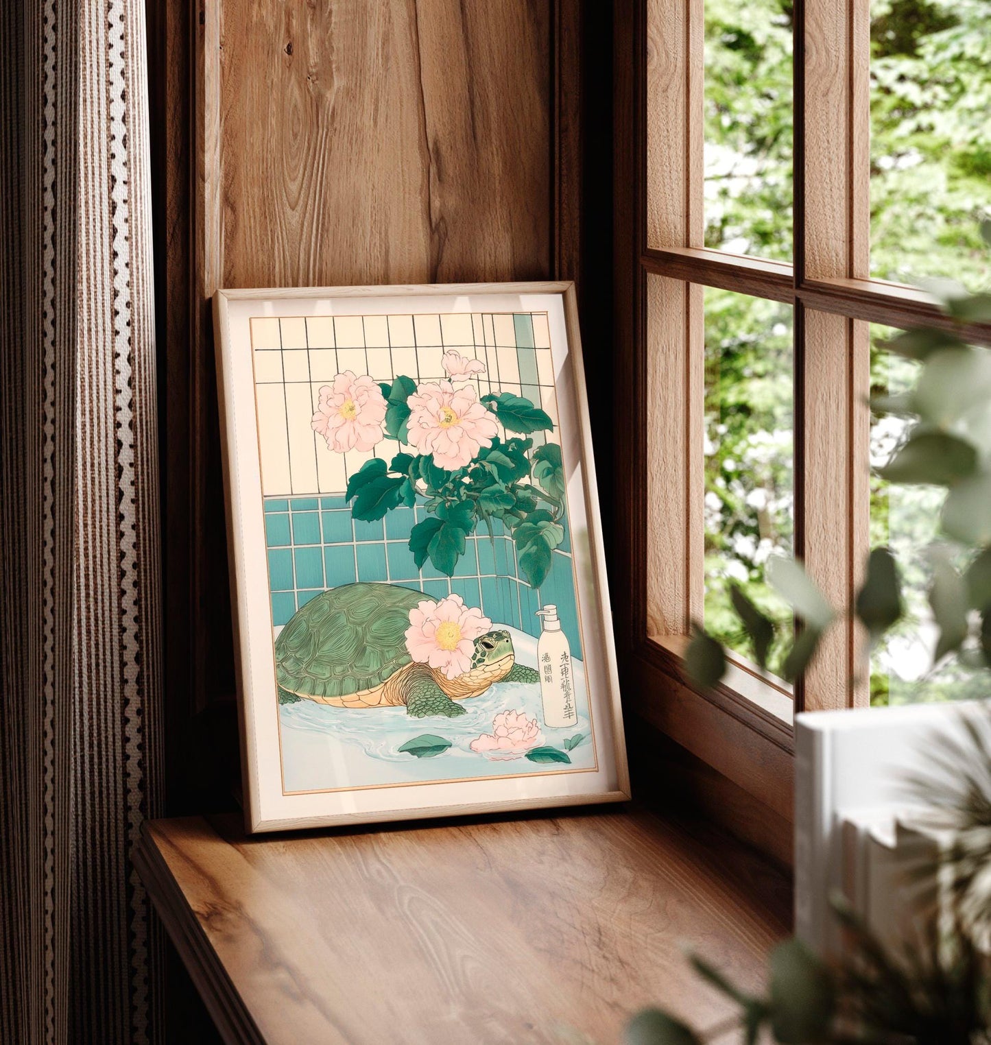 Sea Turtle Bathroom Print: Japanese Ukiyo-e Style Floral Art