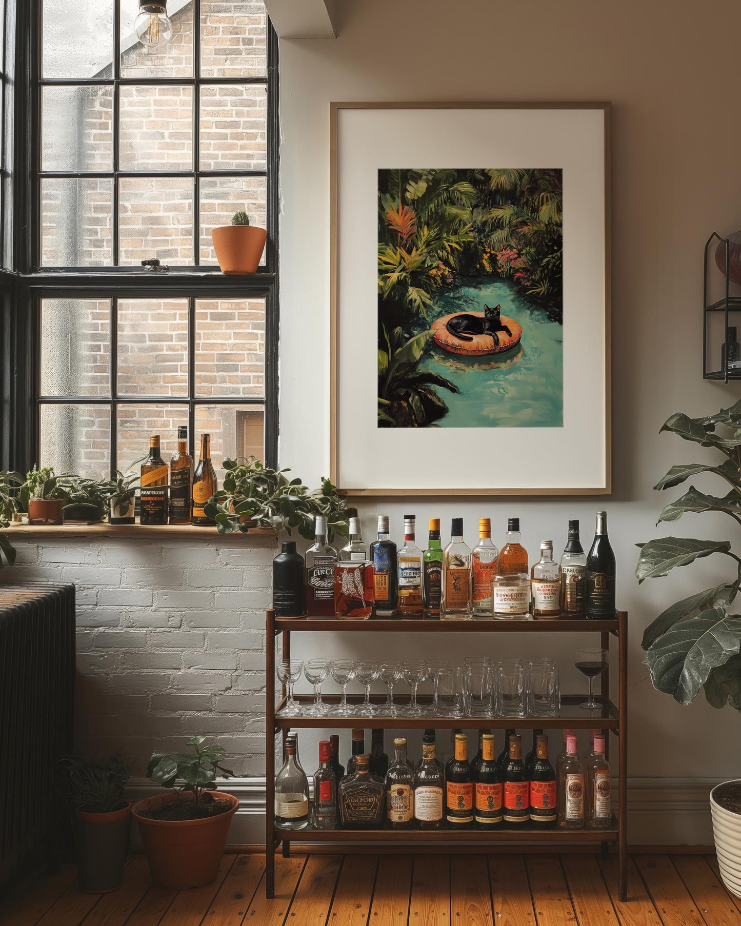 Black Cat Art Print: Tropical Pool, Quirky Home Decor