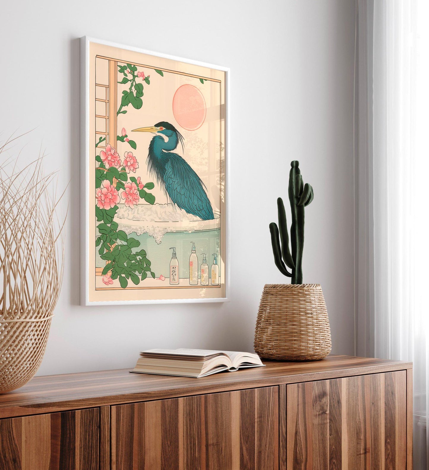 Ukiyo-e Heron in Bathtub Print: Japanese Bird Art, Minimalist Home Decor