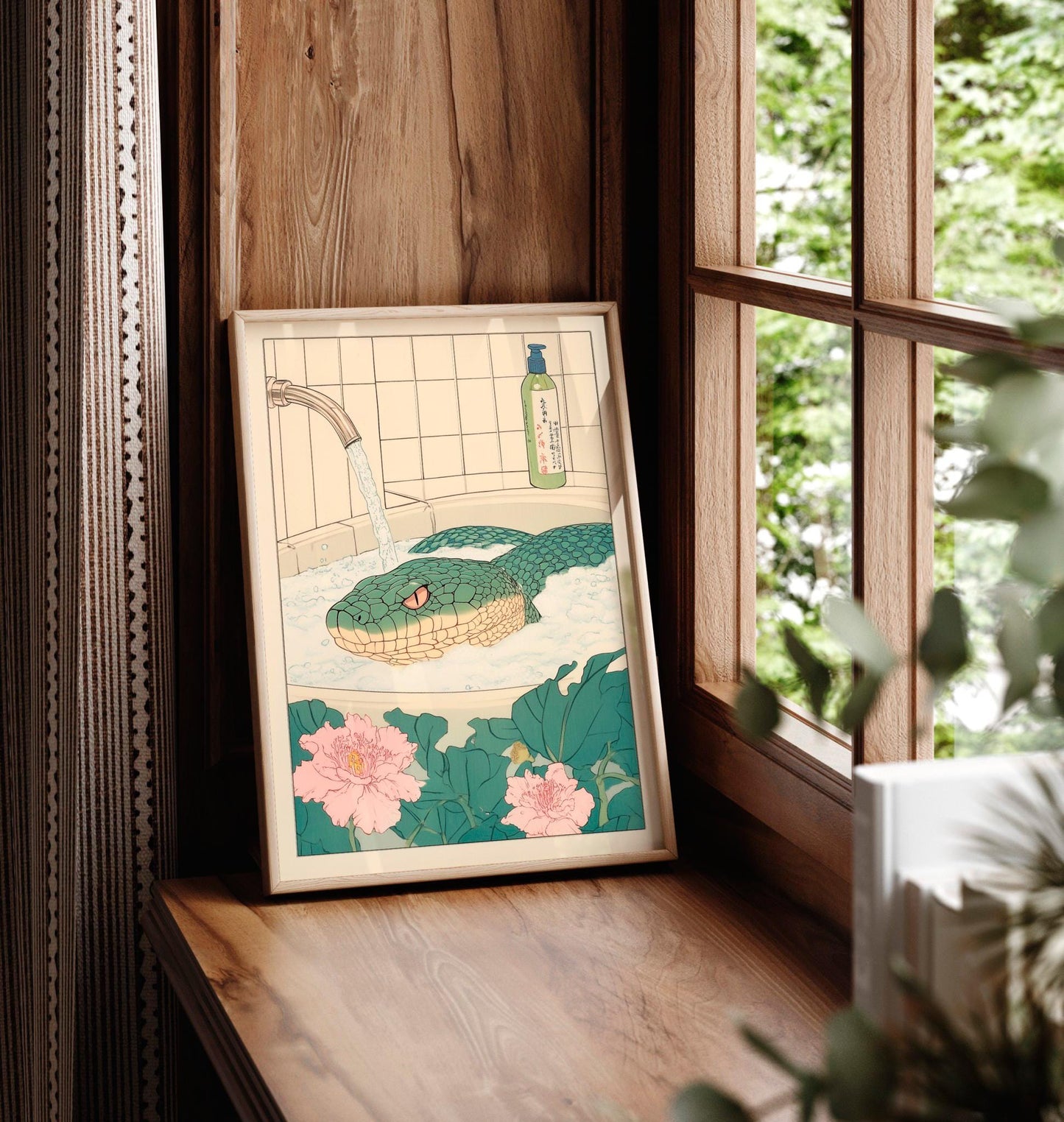 Ukiyo-e Snake Print: Green Serpent in Bathtub, Japanese Bathroom Art