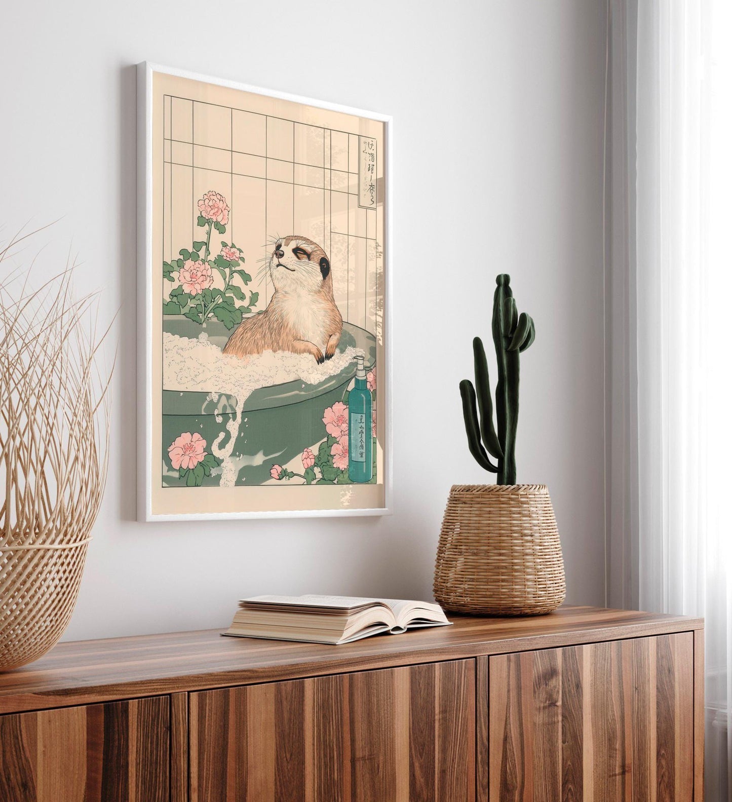 Meerkat in Bathtub Print: Funny Ukiyo-e Japanese Bathroom Art