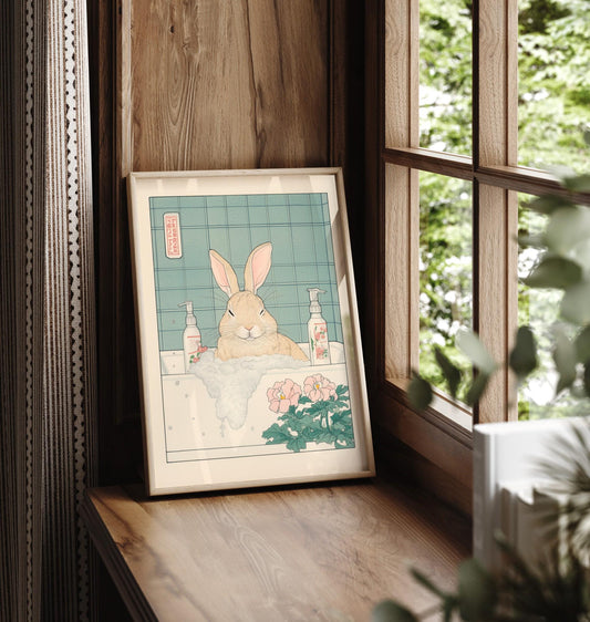 Ukiyo-e Bunny Print: Funny Rabbit in Bathtub, Japanese Art