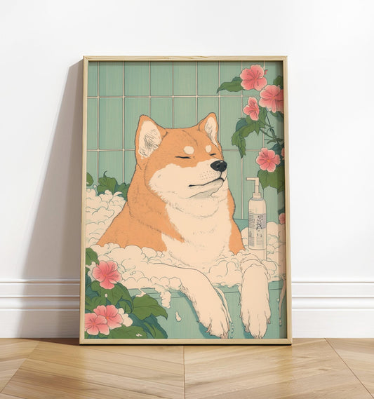 Akita Inu Bathroom Print: Funny Dog in Bathtub in Japanese Style