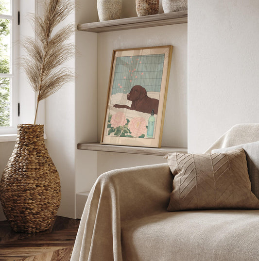 Chocolate Labrador Bathroom Print: Japanese Ukiyo-e Art, Dog in Bathtub