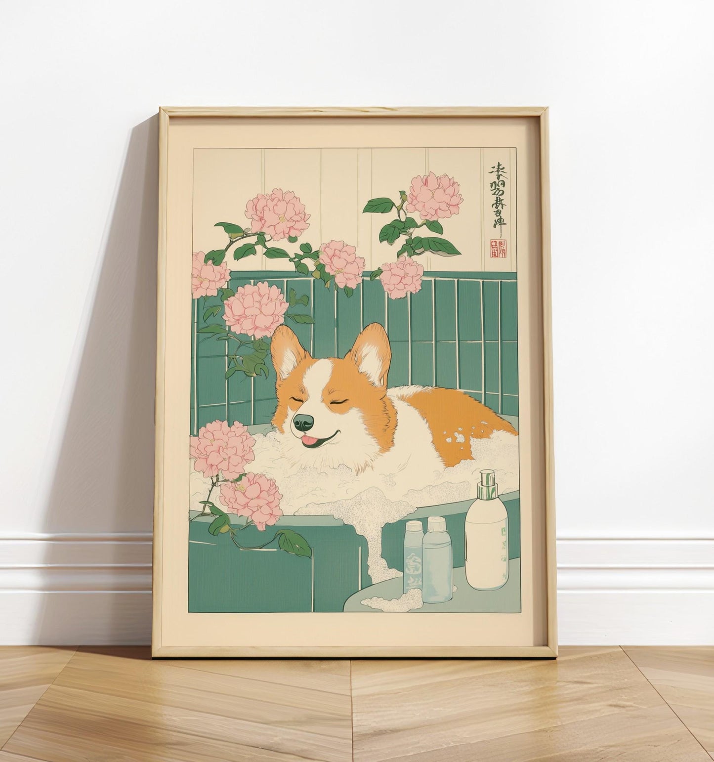 Corgi in Bathtub Art Print: Japanese Ukiyo-e Style Bathroom Decor